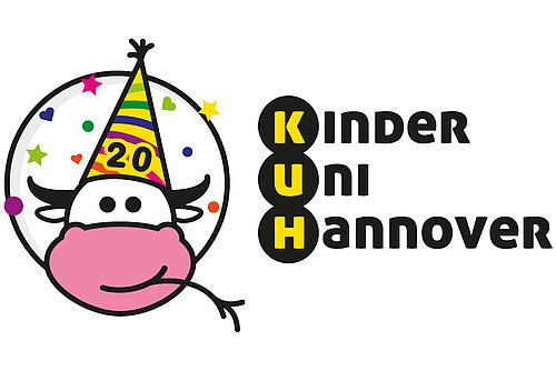 Eine Kuh mit Partyhütchen als Logo der KinderUniHannover