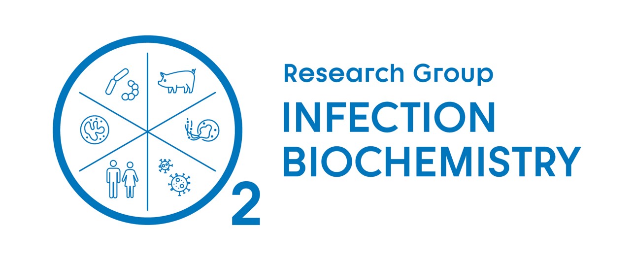 Das Logo der Forschungsgruppe Infektionsbiochemie, bestehend aus Schriftzug und Pictogrammen