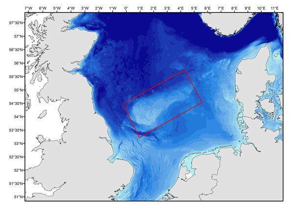 Karte vom Untersuchungsgebiet im Seegebiet Doggerbank. 