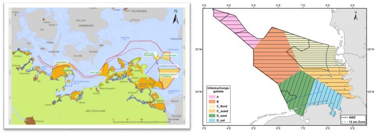 Karte mit FFH-Gebieten der Ostsee und mit Untersuchungsgebieten der Nordsee