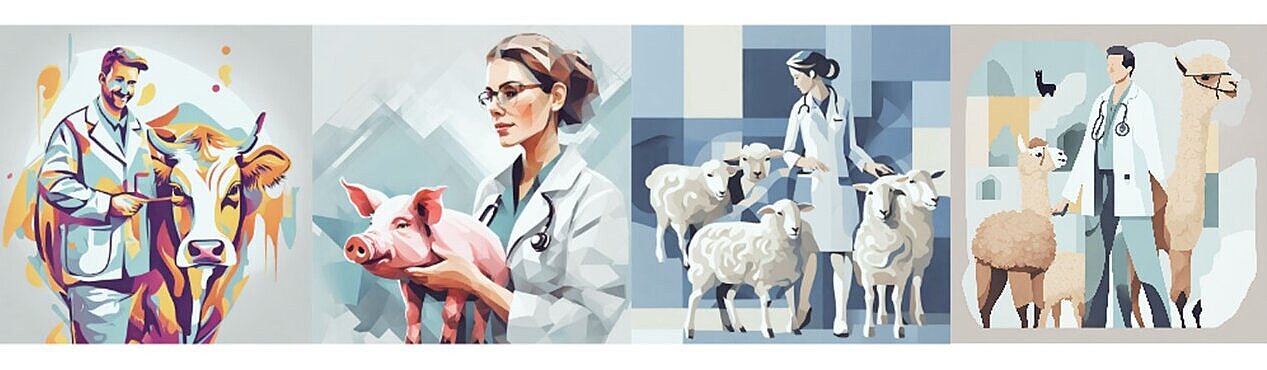 Abstrakte Darstellung von Tierärzten und Tierärztinnen mit Rind, Schwein, Schafen und Alpaka 