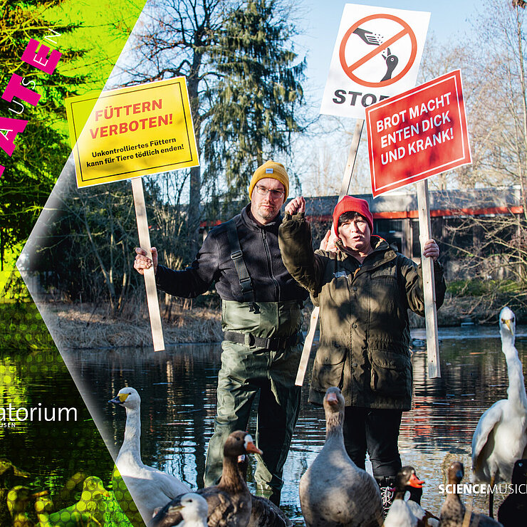 Professor Pees und Professorin Siebert stehend jubelnd in einem Teich. Im Vordergrund sind ausgestopfte Wasservögel zu sehen. 