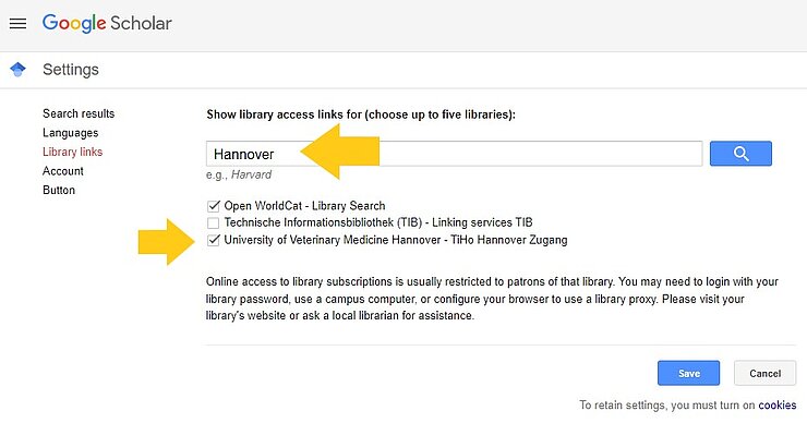google scholar. Show library access links for (choose up to five libraries)