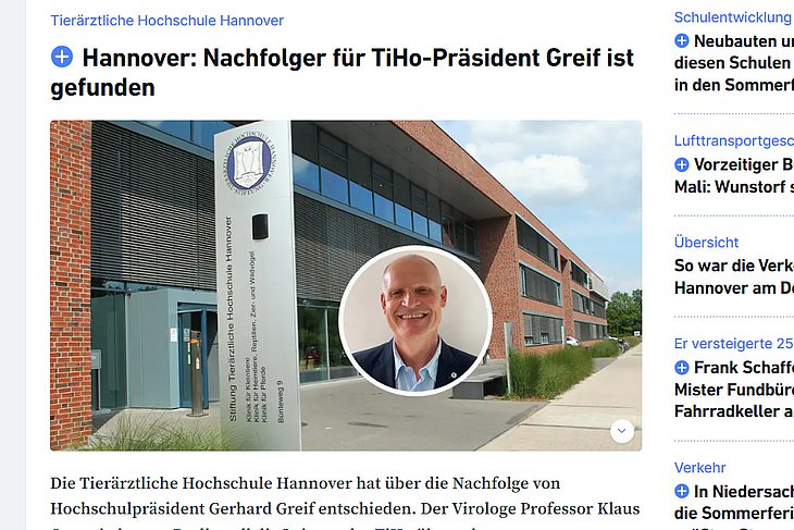 Screenshot eines Artikels der Hannoverschen Allgemeinen Zeitung über die TiHo-Präsidentenwahl