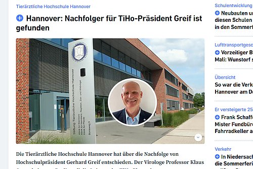 Screenshot eines Artikels der Hannoverschen Allgemeinen Zeitung über die TiHo-Präsidentenwahl
