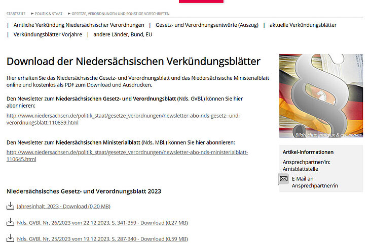 Übersicht zum Download der niedersächsischen Verkündungsblätter