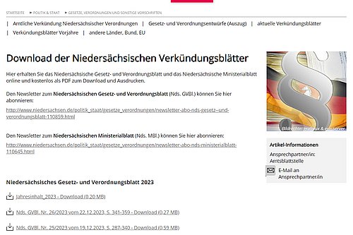 Übersicht zum Download der niedersächsischen Verkündungsblätter