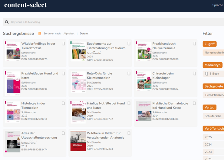 Screenshot der Content-Select-Seite, die die lizenzierten E-Books zeigt