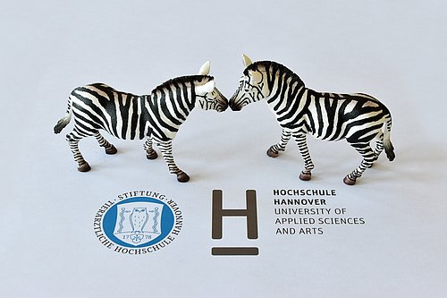Zwei Spielzeug-Zebras stehen vor den Logos der Tierärztlichen Hochschule und der Hochschule Hannover