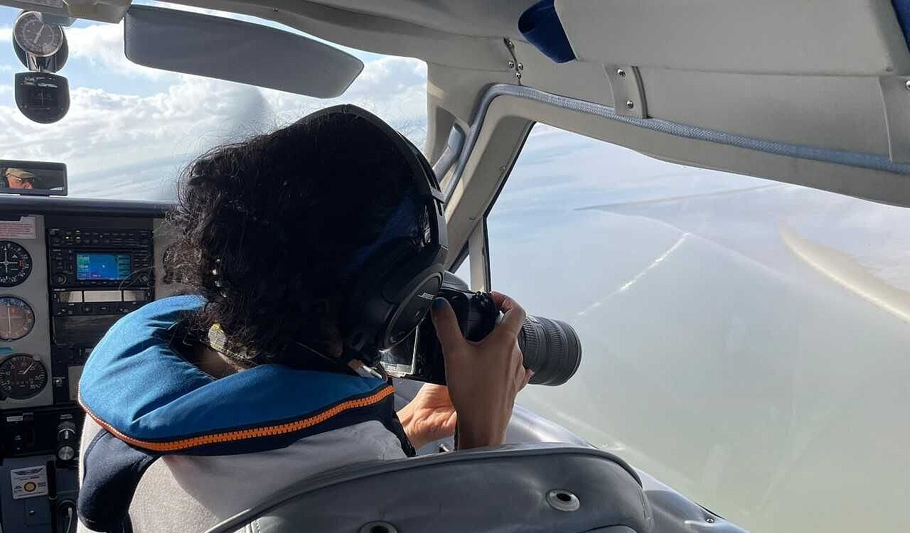 Observer beim Fotografieren eines Seehundliegeplatz vom Flugzeug aus