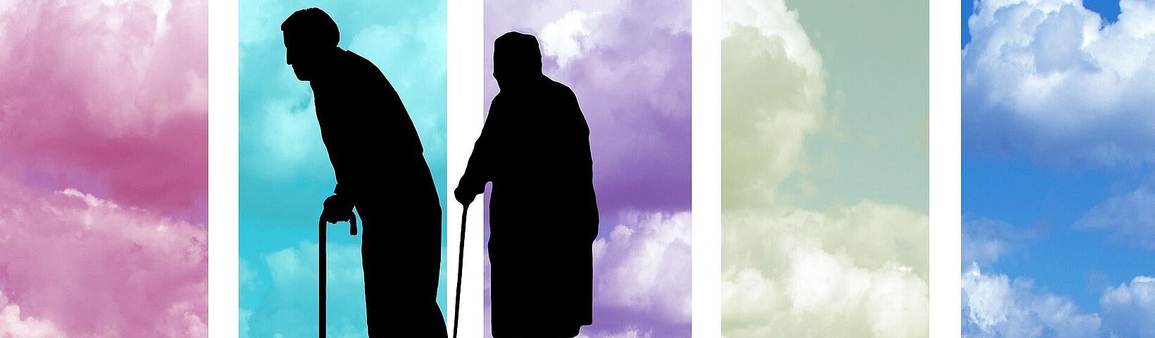 Silhouette von altem Paar auf buntem Hintergrund
