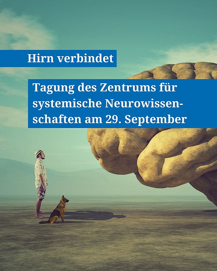 Grafik zum Symposium des Zentrums für systemische Neurowissenschaften mit einem Mann und einem Hund, die auf ein riesiges Gehirn blicken.