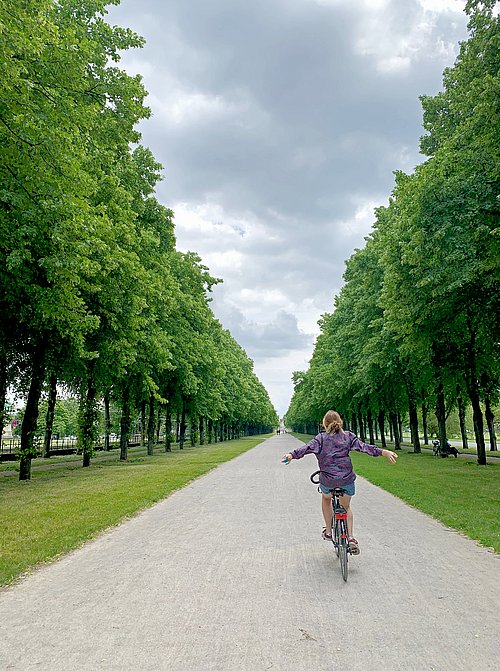 Frau auf dem Fahrrad fährt freihändig eine Allee entlang.