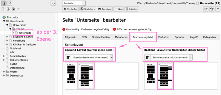 be layout mit untermenü