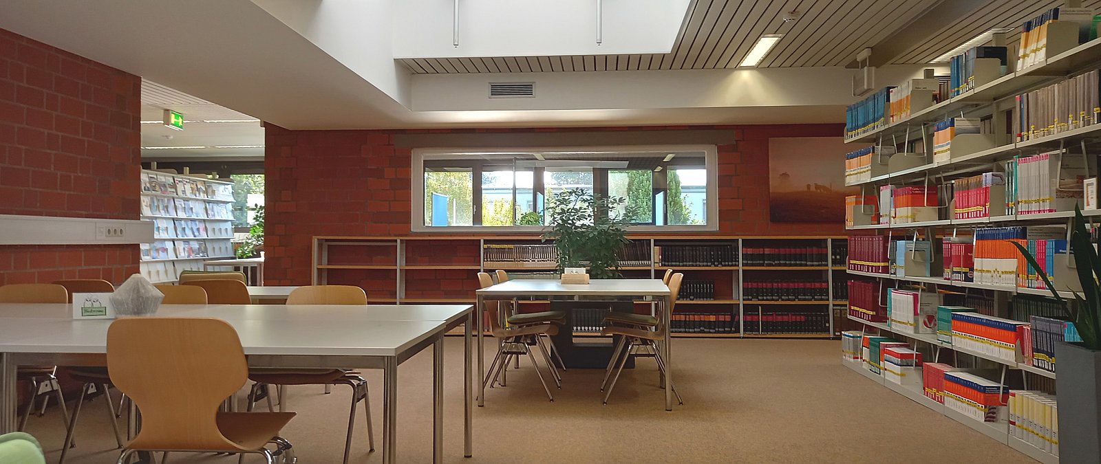 Reading room and textbook collection in one photo; shown are study spaces and books with a view toward the window front.