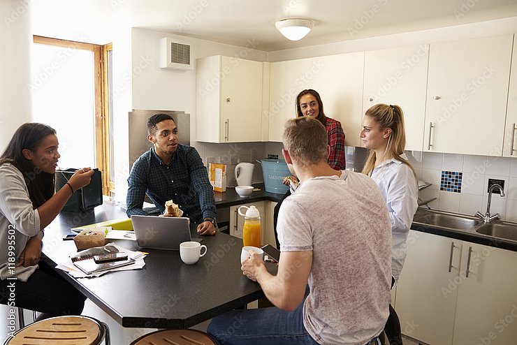 fünf junge Leute in einer Küche