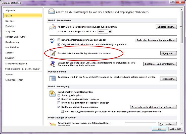 Screenshot Outlook Signatur erstellen