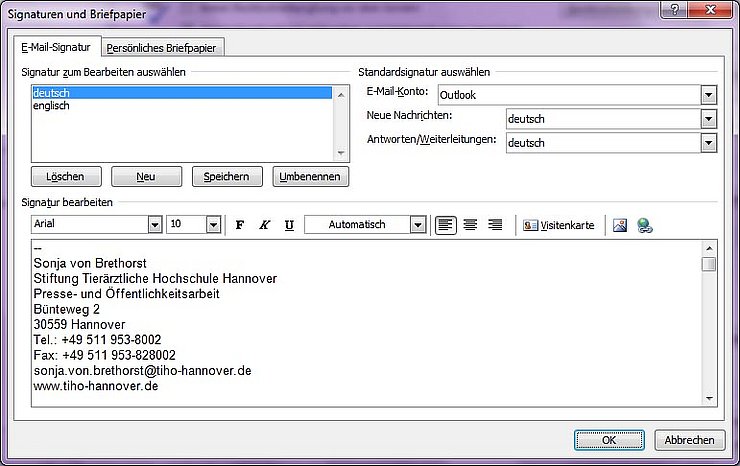 Screenshot Outlook Signatur erstellen